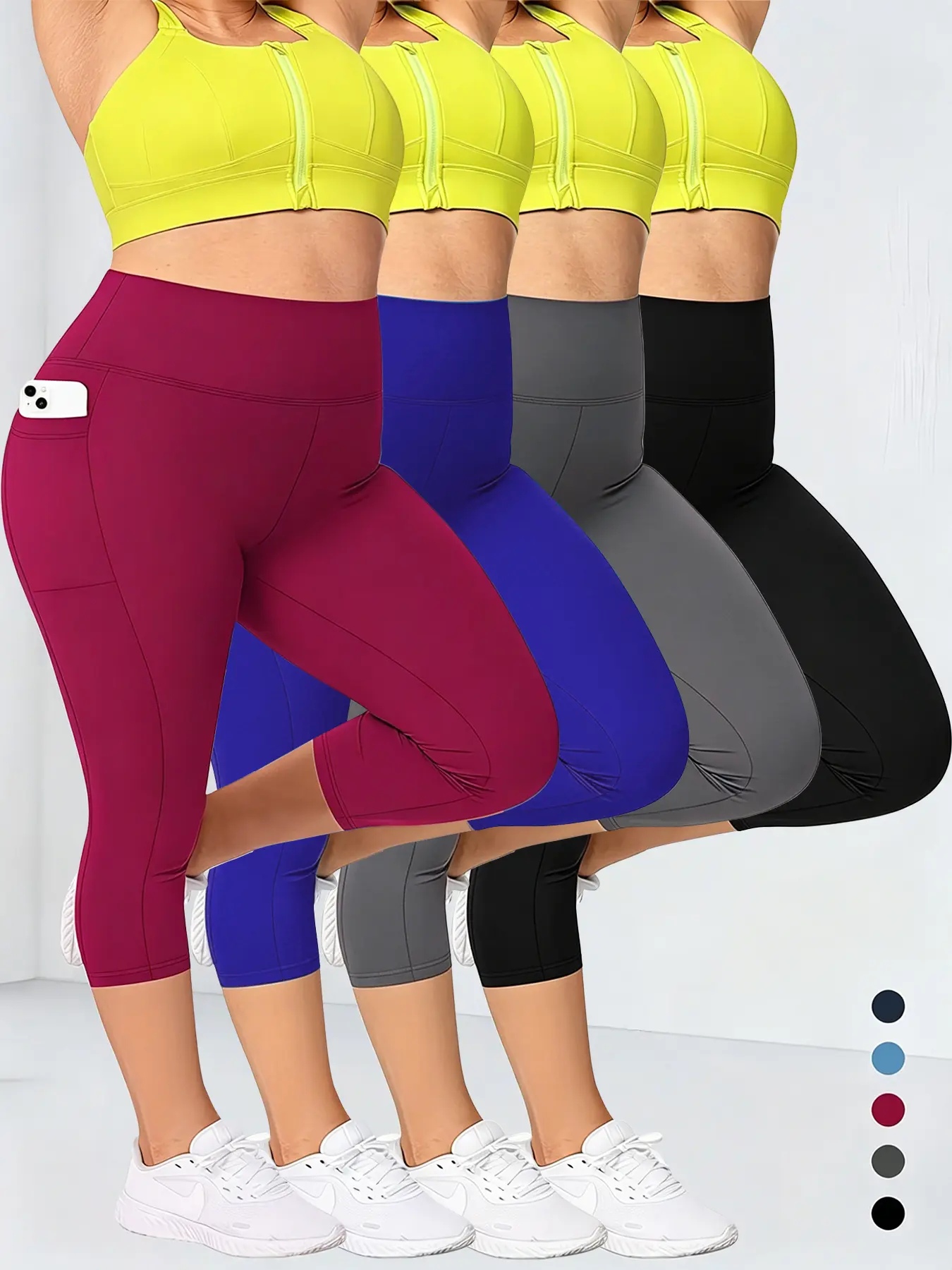 Women's  Capri Pants - High Waisted Mixed Color Cropped Pants (Black, Grey, Red, Blue), Tummy Control Firm Fit, Breathable