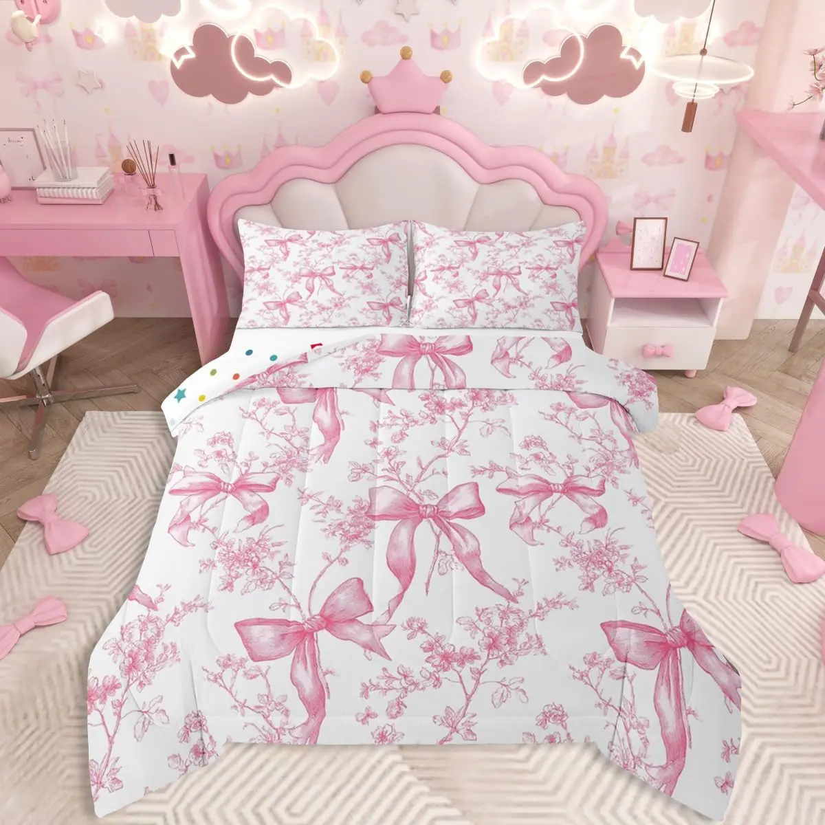 Bowknot Comforter Set Rose Bedding Set Pink Bow Duvet Quilt Bedroom Rose Floral Flower Decor Microfiber Ultra Soft Breathable