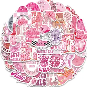 50pcs Pink Disco Cowgirl Stickers Pack, Waterproof Western Girly Decals for Laptop, Water Bottle, Journal & Scrapbook, Bachelorette Gift