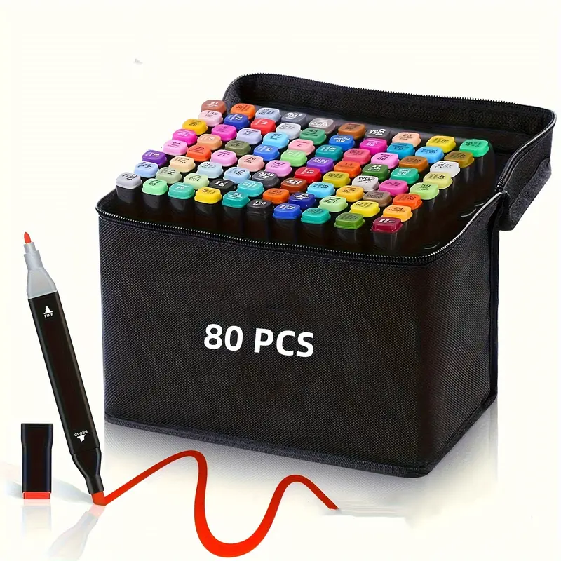 80-Color Alcohol Ink Marker Pens with Case & Holders, Dual-Tip Chisel & Fine Tips, Office Stationery for Adults, Markers for Coloring Ideal for Drawing & Craft Card Making