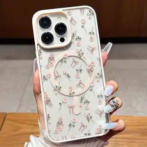 Phone Case: Fresh Pink Rose Bow Phone Case, Wireless Charging Compatible Anti-Drop Skin-Feel Magnetic Case, Suitable for IPhone17 11 12 13 14 15 16 Pro Max Air Plus