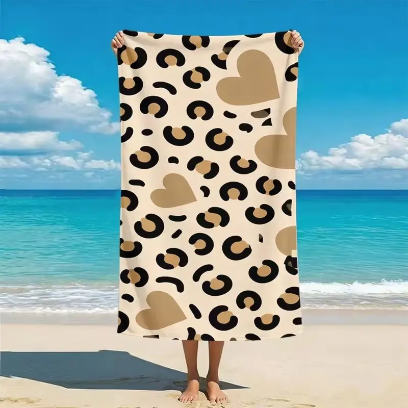 Leopard Heart Pattern Beach Towel, Unisex Soft Comfortable Lightweight Absorbent Quick Dry Portable, Ideal for Beach Camping Swimming Diving Surfing, Quick Drying Towel
