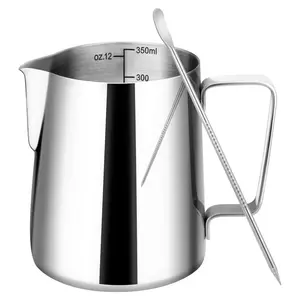 12oz Milk Frothing Pitcher, Milk Frother Cup with Clear Scale, 304 Stainless Steel Cappuccino Espresso Machine Accessories for Barista Coffee Bar with Latte Art Pen, Silver