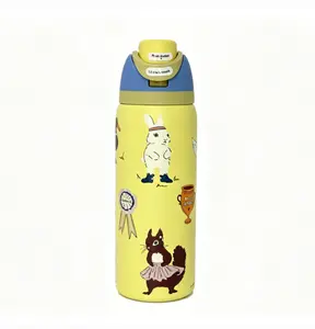 Owala 32oz FreeSip Insulated Stainless Steel Bottle - Yellow Duck & Frog Collage Design, Leak-Proof, 24H Cold Retention, Drinkware, Flasks, Travel Cup, Water Tumbler, Travel Coffee Mug, Thermos Mug Bottled Portable day gift Straws