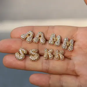 New 18k brass balloon bubble zircon earrings, small size, 26 cute English letter earrings, fashionable ear accessories