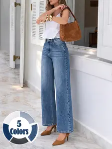 Spring Summer High Waist Elastic Women's Jeans, Washed Blue Casual Wide Leg Pants, Fitted H-Type Denim for Daily Commute and Vacation