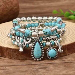 ! EXCLAMATION Unisex 4-PCS Bohemian Turquoise Beaded Jade Bracelet, Daily Wear Jewelry Accessory