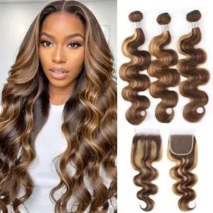 Ishow P4/27 4*4 Lace Closure With Highlight Honey Blonde Body Wave Human Hair Bundles Body Wave Quick Weave Hair Bundles Piano Color Body Wave 3 Bundles with Deep Parting 2x6 Lace Closure Sew In