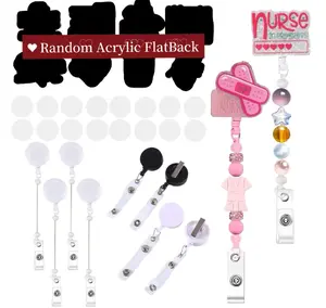 32pcs/set Random Cartoon Acrylic Flatback DIY Beadable Badge Reels Retractable Keychain