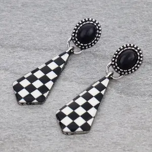 Checker Pattern Stud Earring 2 Inch - Black & White or Pink & White, Elegant Design, Black and White Checkered Pattern