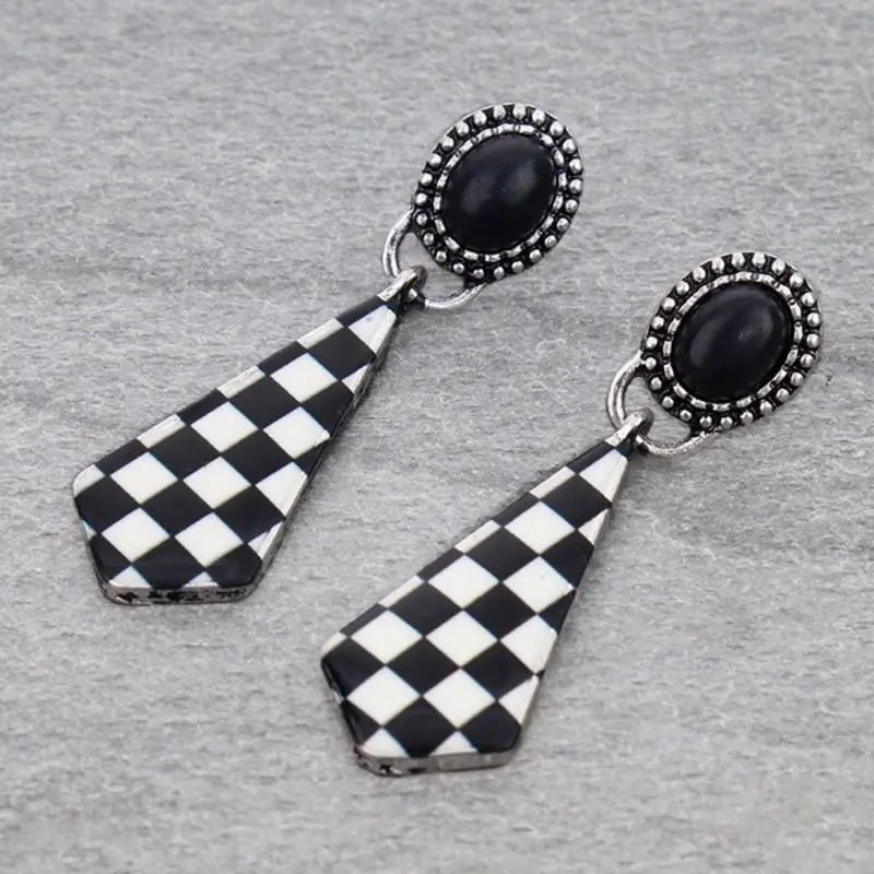 Checker Pattern Stud Earring 2 Inch - Black & White or Pink & White, Elegant Design, Black and White Checkered Pattern