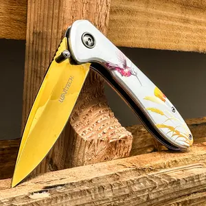 7.75” Outdoors Man Bushcraft Hunting Tactical EDC Everyday Gold Hummingbird Print Pocket Knife, Camping Gear Folding Knife, Survival Tool Accessories, Father’s Day Gift, Birthday Gift, Christmas Gift