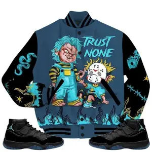 Gamma Blue 11s Varsity Jacket, Graffiti Trust No One Graphic Design, Sneaker Match Streetwear Style, Trendy Unisex Outfit Gift