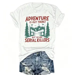 Women's Casual Short Sleeve T-Shirt - "Adventure Is Out There!" Mountain Lakes Graphic Print, Round Neck Summer,Machine Washable Outdoor Enthusiast Apparel, Everyday Comfort, Relaxed Fit