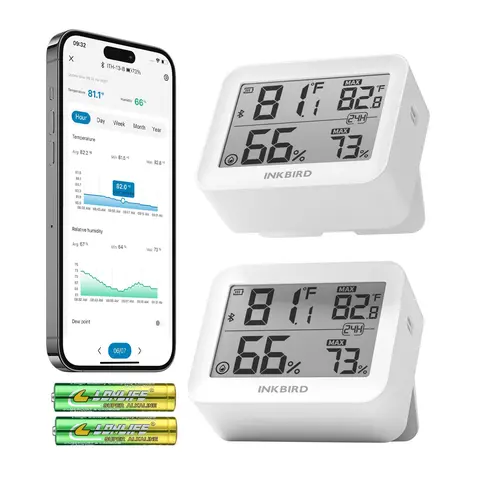 INKBIRD 6-in-1 Bluetooth Wireless Thermo-Hygrometer Smart Temperature Gauge - 3.8in LCD Sensor, APP Control, Custom Settings, 2-Year Data Export, 2 Ways to View Data, 15-Month 2500mAh Battery Life, Programmable Indoor Thermometers for Home, Wine Cellar