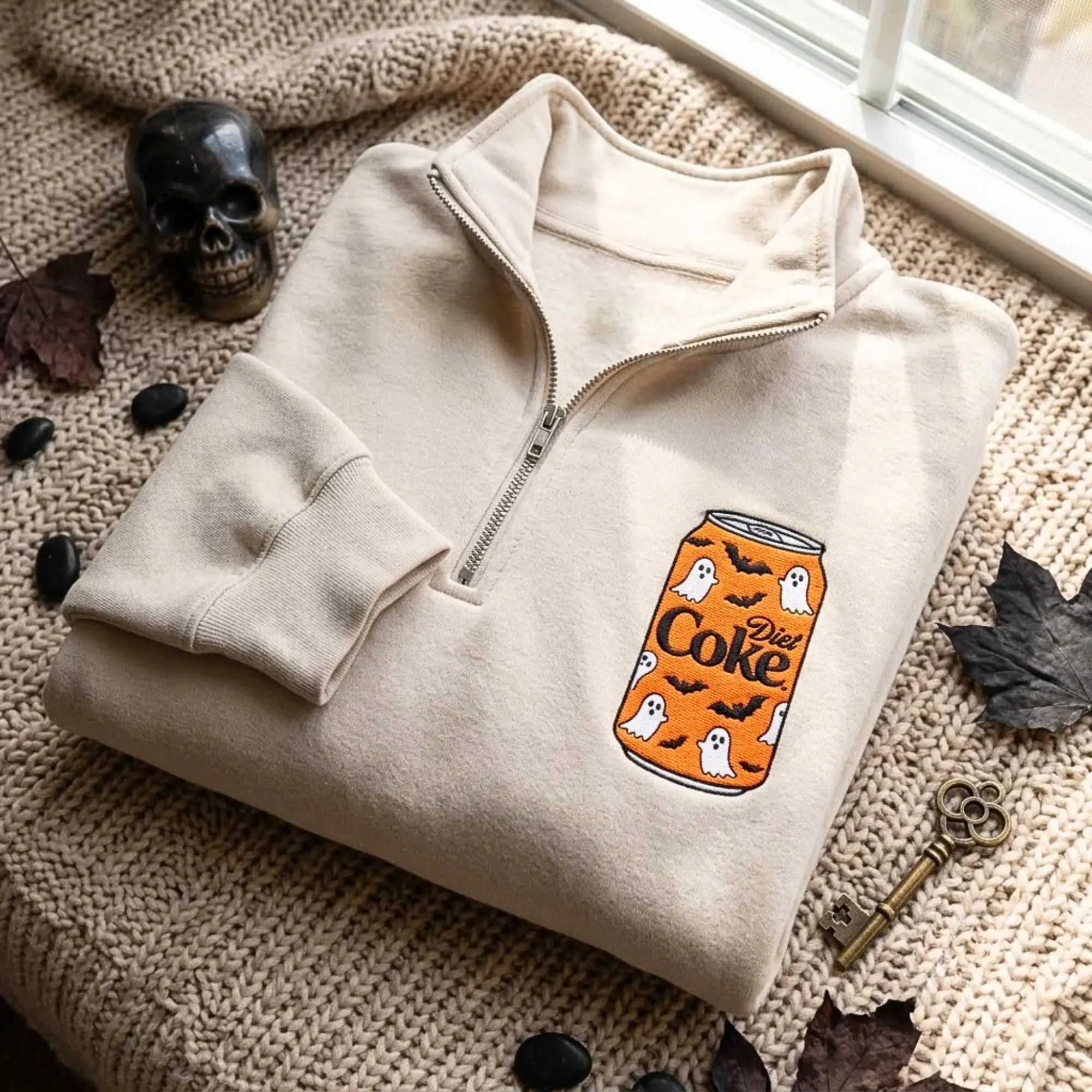 [MADE IN US] Halloween Diet Coke Can Embroidered Quarter Zip Sweatshirt, Soda Lover Gift