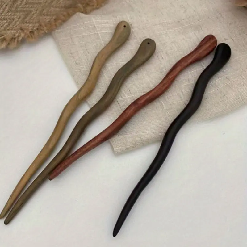 4 Piece Handcrafted Wooden Hair Sticks, Elegant Chinese Hairpin with Imitation Ebony, Unique Headpiece for Formal Events, Natural Texture in, Dark