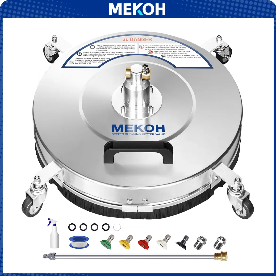 MEKOH 18" Pressure Washer Surface Cleaner 4500 PSI，4 Wheels Stainless Steel Power Washer Attachment for Driveway Sidewalk Patio Concrete Cleaning, 1/4'' Quick-Connect, 1 Extension Wand&5 Spray Nozzles summervibes️ campingessentials