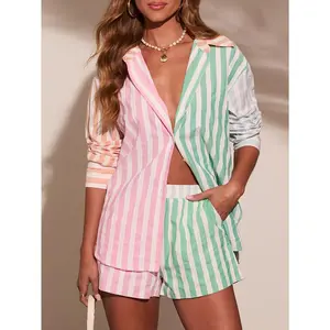 2026 Summer Spring New Women Striped Set Single Button Long Sleeve Shirt Fashion Sexy Active Commuting Outfit