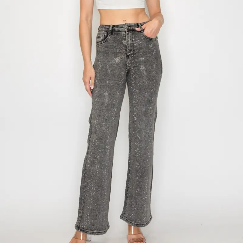 P0018-stone embellished 5 pockets grey straight leg Jeans