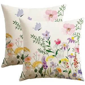 2 PCS Spring Summer Floral Pillow Covers, 16x16/18x18/20x20 Inches, Farmhouse Style Butterfly Print Decorative Pillows for Sofa Bedroom Home Decoration