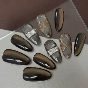 Twilight Treasure|10 PCS of Almond Pure Handmade Press On Nails, Brown and Black Glittery Cool Luxury Press On Nails, Metallic Glitter Base, Metal Rhinestone Decoration, Diamond Pattern Design, Personalized Styling Nail Set, Almond Fake Nails