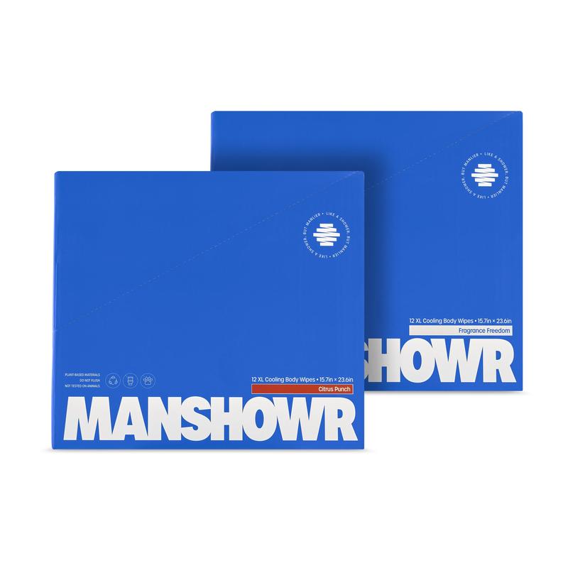 Manshowr XL Cooling Body Wipes (23inx16in) - Fragrance Freedom and Citrus Punch - 2 Box Bundle (24 Wipes)