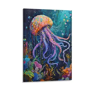 Jellyfish  Create A Coastal Retreat within Your Home Using This Blue Marin Mural. It's A Haven for Those Seeking Oceanic Calm. Canvas Poster Bedroom Decor Sports Landscape Office Room Decor Gift Frames Ornaments