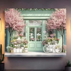 A 2D Flat Backdrop Featuring a Spring Floral Shop Theme with a Bicycle, Cherry Blossoms, And a Green Door, Perfect for Photography. It Doesn'T Require Electricity And Is Ideal for Different Even