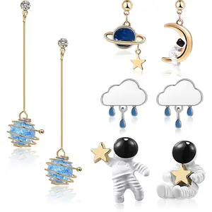 4 Pairs Space Earrings for Women Astronaut Stud Planet Star Moon Dangle Earrings Cute Cool Jewelry for Girls