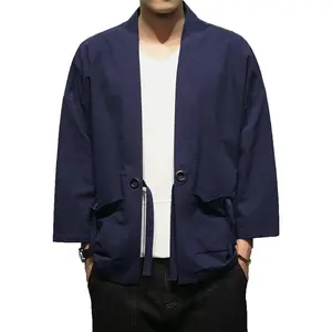 Men's Cotton Blends Linen Open Front Cardigan Embroidery Kimono Jackets