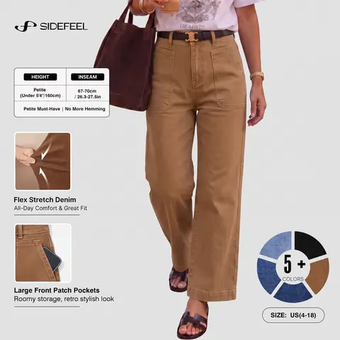 Sidefeel Women's High Waist Petite Wide Leg Jeans | Flex Stretch Denim, Large Front Patch Pockets, Cropped Ankle Length, Retro Stylish Look, Soft Comfy Fit, Casual Daily Wear