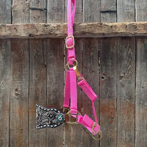 Pink Nylon Horse Halter – Bronc Noseband with Crystal Conchos NH101