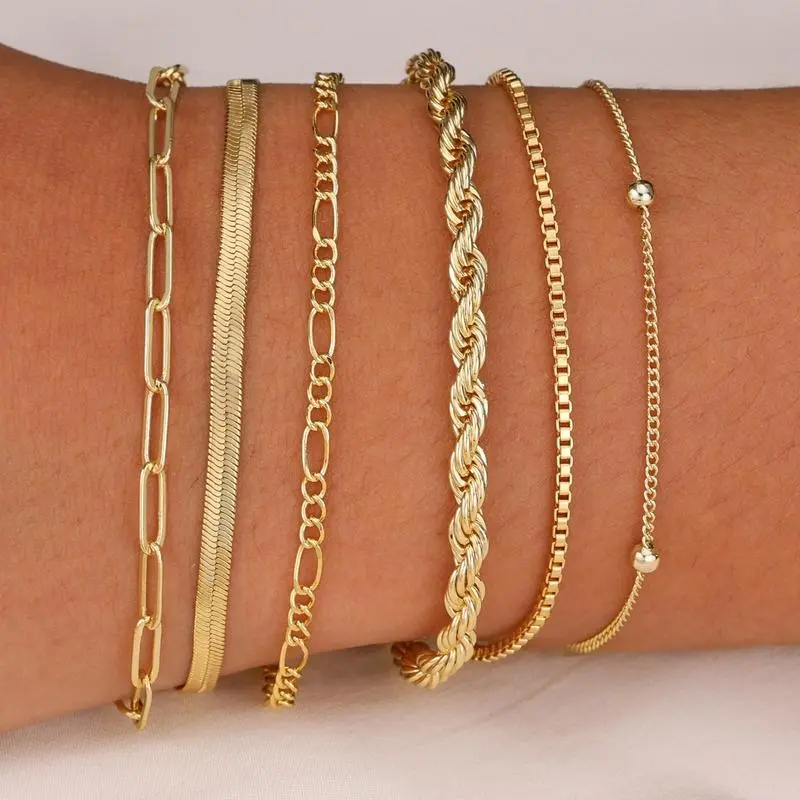 6Pcs Trendy Stackable Gold Chain Bracelets for Women, Waterproof 14K Gold Plated Cuban Herringbone Paperclip Rope Bracelet Pack, Minimalist Dainty Layering Jewelry