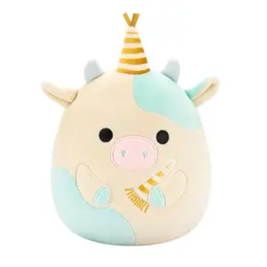 Squishmallows 8” Belana Aqua Spotted Cow with Gold Birthday Hat, Party Horn, and Colorful Design