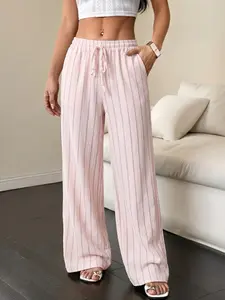 Women’s lightweight striped wide-leg pants with a drapey feel and a comfortable elastic waistband with drawstring; versatile casual style suitable for home, beach, vacations, and more—an essential piece for summer outfits.