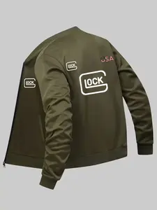 Men's Olive Fitted Long Sleeve Baseball Jacket, Glock Usa Print, Zipper Closure, Polyester, Casual & Formal Wear, Lightweight Outerwear