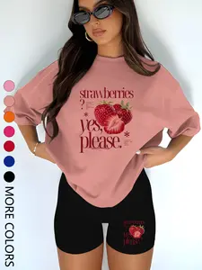 Women's Summer Strawberry Cartoon Print Two-Piece Set, Loose Fit Round Neck Top & Tight Pants, Casual Sporty Style, Multi-Scene Wear