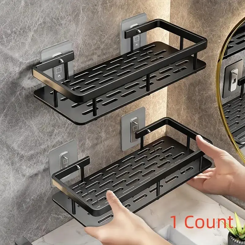 Wall Mounted Bathroom Shelf, 1 Count Aluminum Wall Mounted Storage Rack, Modern Bathroom Storage Rack, Kitchen Storage Rack, Home Organizer, Bathroom Organization, Bathroom Organizing Accessories, Bathroom Organizer Supplies