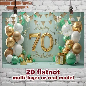 1pc 2D Flat 70th Birthday pty Backdrop Banner - Elegant Teal Golden Glittery Happy 70th Birthday decor Balloons Confetti - Durable Polyester Fabric Milestone celebs Photo Booth bg - Electricity Nee Ornaments White