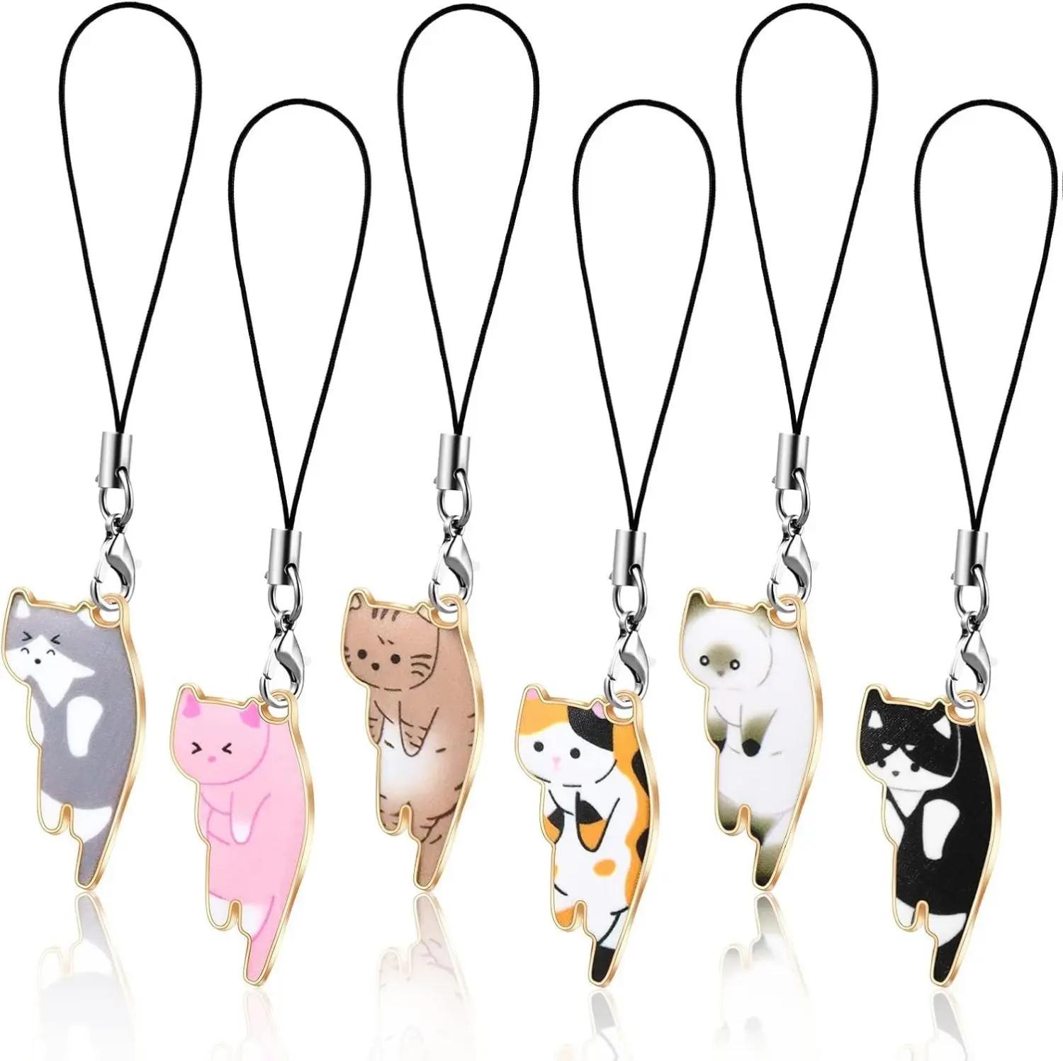 Kawaii Cat Phone Charms 6-Pack - Cute Hanging Straps for Backpacks, Wallets, Keychains & Cellphones - Alloy Material, Bright Finish - Lanyard
