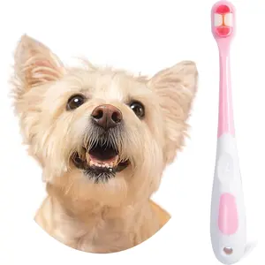Small Dog Toothbrush, Puppy & Cat Tooth Brushing Kit, Ultra Soft Head Teeth Brush for Kitten & Tiny to Medium Pet, Doggy Toothbrushes Deep Dental Clean, 1 PCS, Pink
