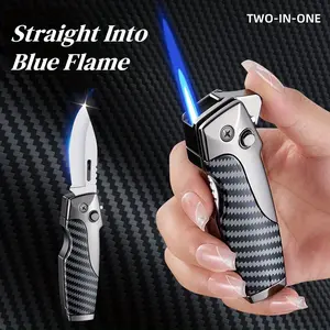 Windproof Blue Flame Lighter, Outdoor Jet Torch Lighter, Folding Knife Lighter, Multifunctional Portable Lighter, Lighter with Safety Lock, Suitable for Outdoor Adventure Camping Barbecue Lighter, Men's Gift (butane Gas Not Included)