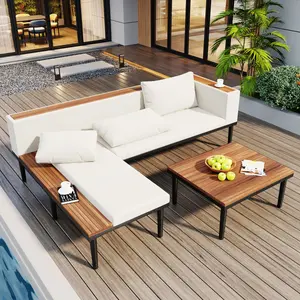 [SOIYELIFE] Luxury Patio Furniture Set with Removable Cushions and Coffee Table, L-Shaped  Acacia Wood Sofa with Side table, Outdoor Conversation Sectional Sofa  for Backyard, Porch, Beige patio  furniture
