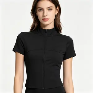 Women's Slim Fit Zip-Up Mock Neck Short Sleeve Polyamide Blend Sports Jacket - Moisture-Wicking, Lightweight Athleisure Activewear - Figure-Flattering for Yoga, Running - Spring, Summer Outdoor Use