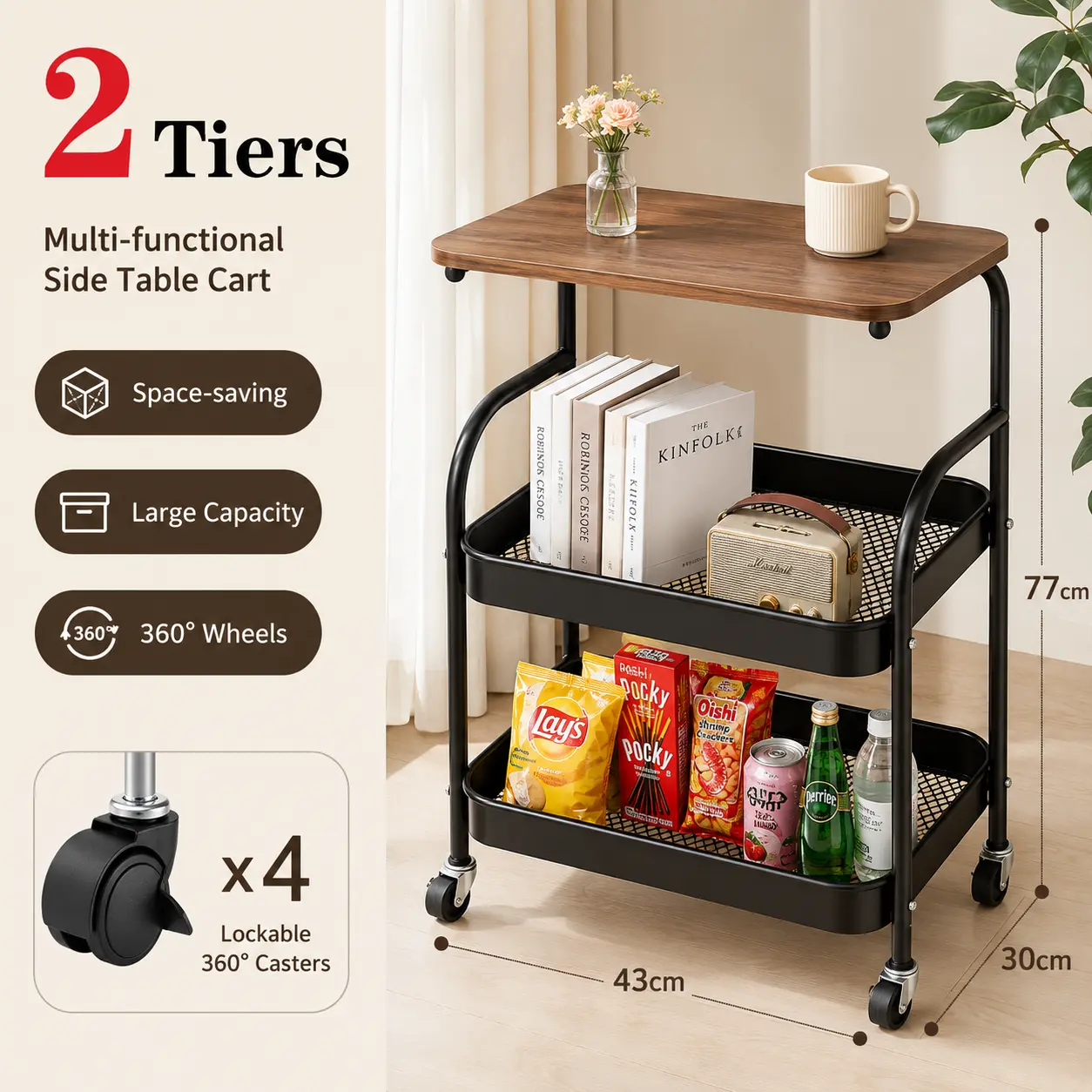 Household 2-Tier Rolling Storage Cart with Walnut Wood Top, Smooth 360° Swivel Wheels, Metal Frame, Storage Basket, Mobile Sofa Side Table for Bedroom, Living Room, Space-Saving Organizer (Black/White)