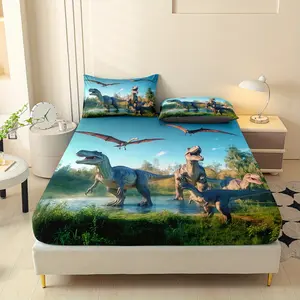 3pcs Cartoon Animal Dinosaur Printed Fitted Sheet Set, Queen Mattress Cover, Twin Mattress Protector, King Queen Style Bedding Set, Polyester Machine Washable, Bedroom Guest Room, Birthday Gift(1 Fitted Sheet+2 Pillowcases, Without Core)