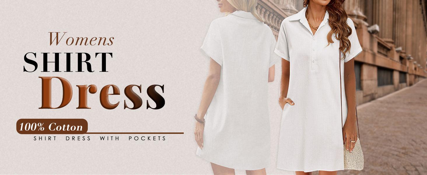 Zeagoo Women's Cotton Shirt Dress Summer Casual Short Sleeve Button Down Beach Cover Up Shirts with Pockets