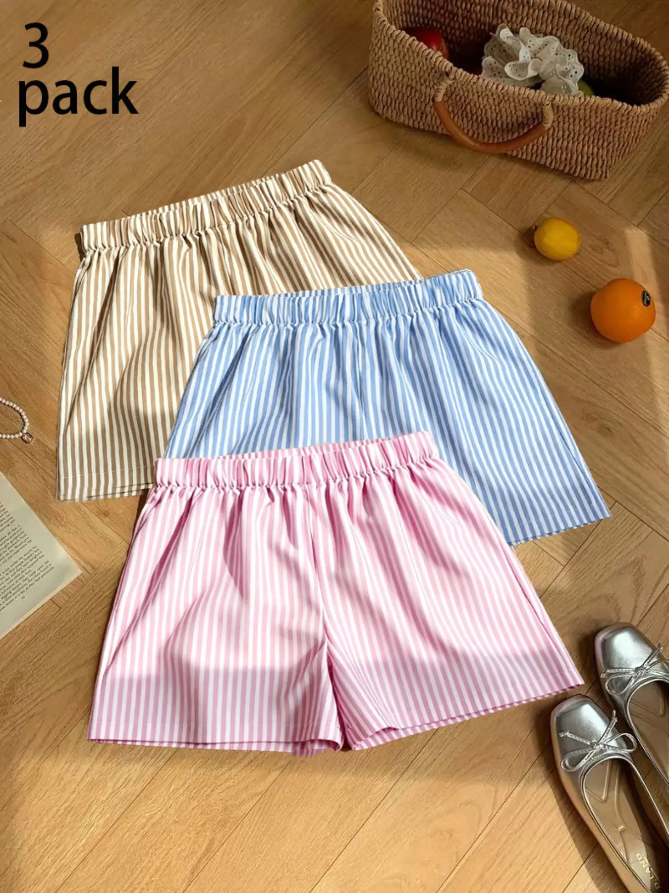 3-Pack Women's Athletic Striped Sweatpants (Pink, Light Blue, Light Brown) — Elastic Waist, Summer Street Style; Casual and Ideal for Vacation & Beach Wear, Athletic Bottoms