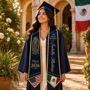 Custom Catholic Graduation Stole Class of 2026 Personalized Name School Navy Gold Sash With Mexico USA Flag Graduate Gift